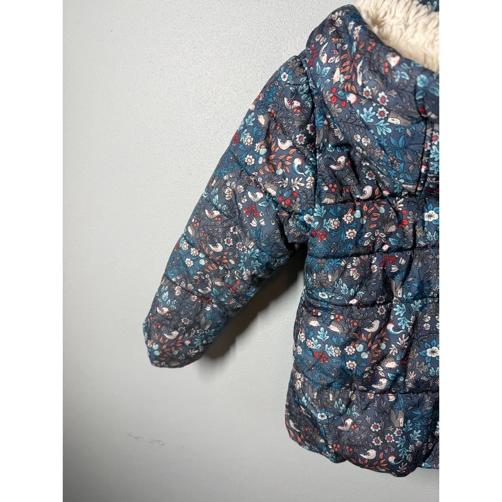 NEXT Girls Puffer Jacket 5/6 Blue Floral Bird Hedgehog Sherpa Lined Hood Zip